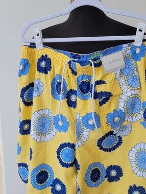 ALEX CANNON XL SWIM TRUNKS POLY NWT YELLOW & BLUE ELASTIC WAIST W PULL TIE & PKT